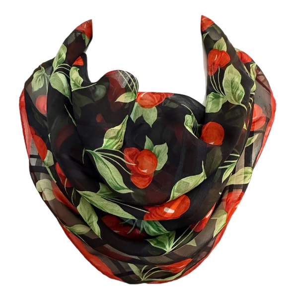 Vintage Echo Black Chiffon Silk Scarf – Cherry Print 🍒– 20" Square - Picture 1 of 9